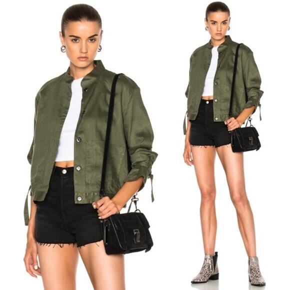 FRAME Linen Utility Bomber Jacket Women’s Light Military Army Green Size Small